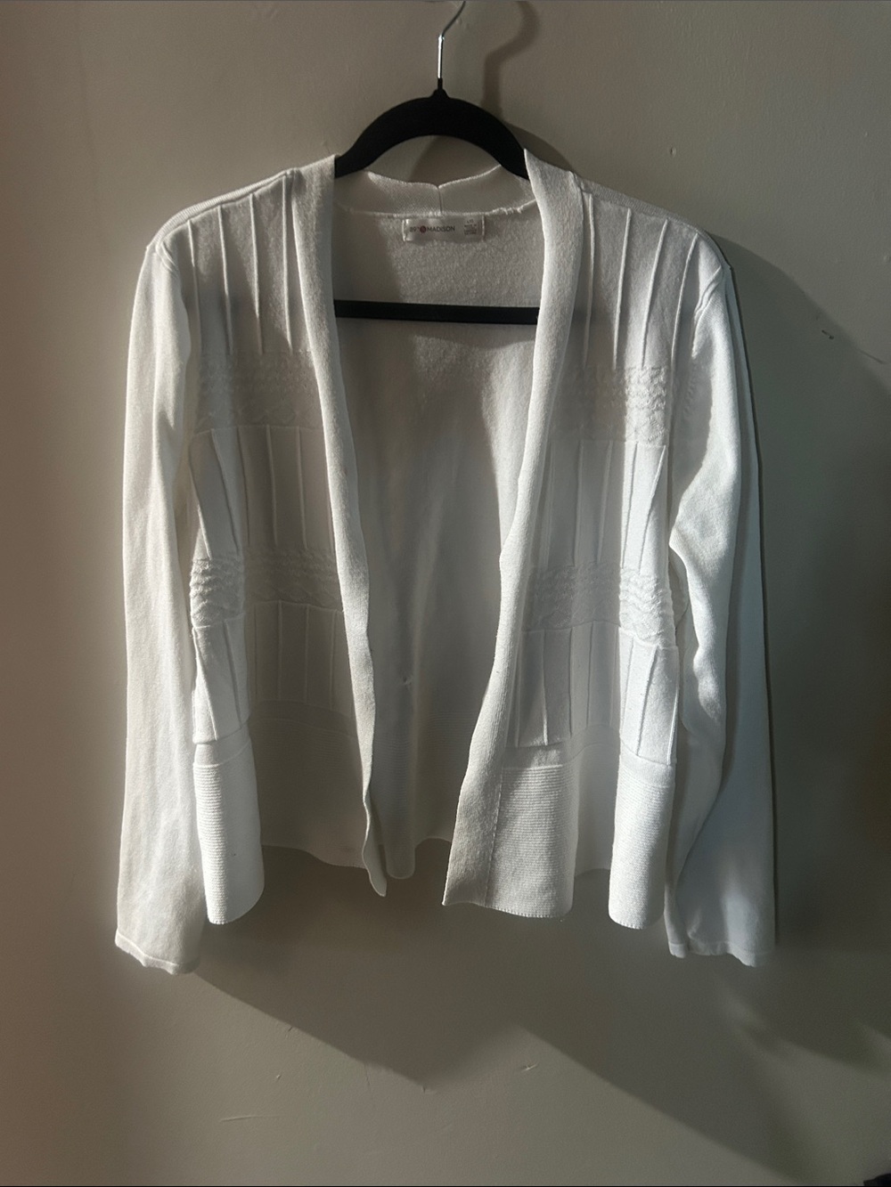 Madison White Open-Front Knit Cardigan with Textured Panels